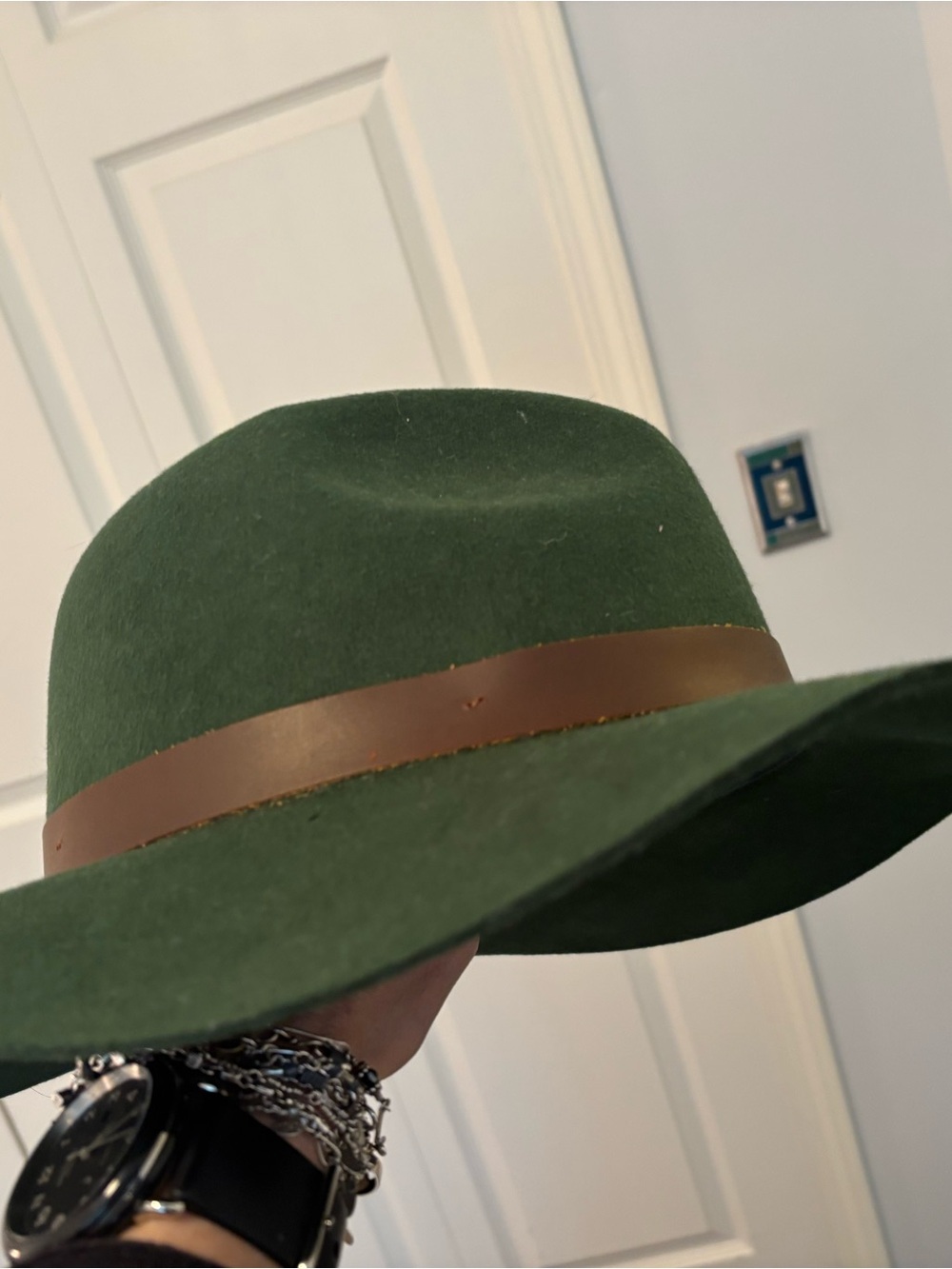 Anthropologie Forest Green Wide-Brim Wool Felt Hat with Brown Band